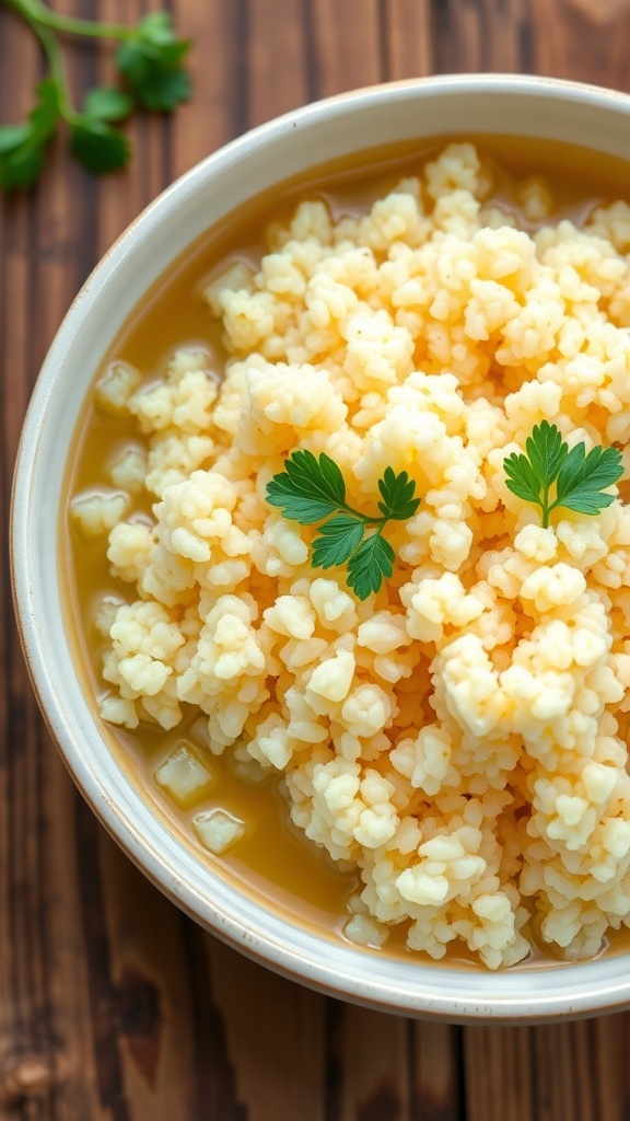 Fluffy quinoa cooked in chicken broth, garnished with parsley, served in a bowl on a rustic table.